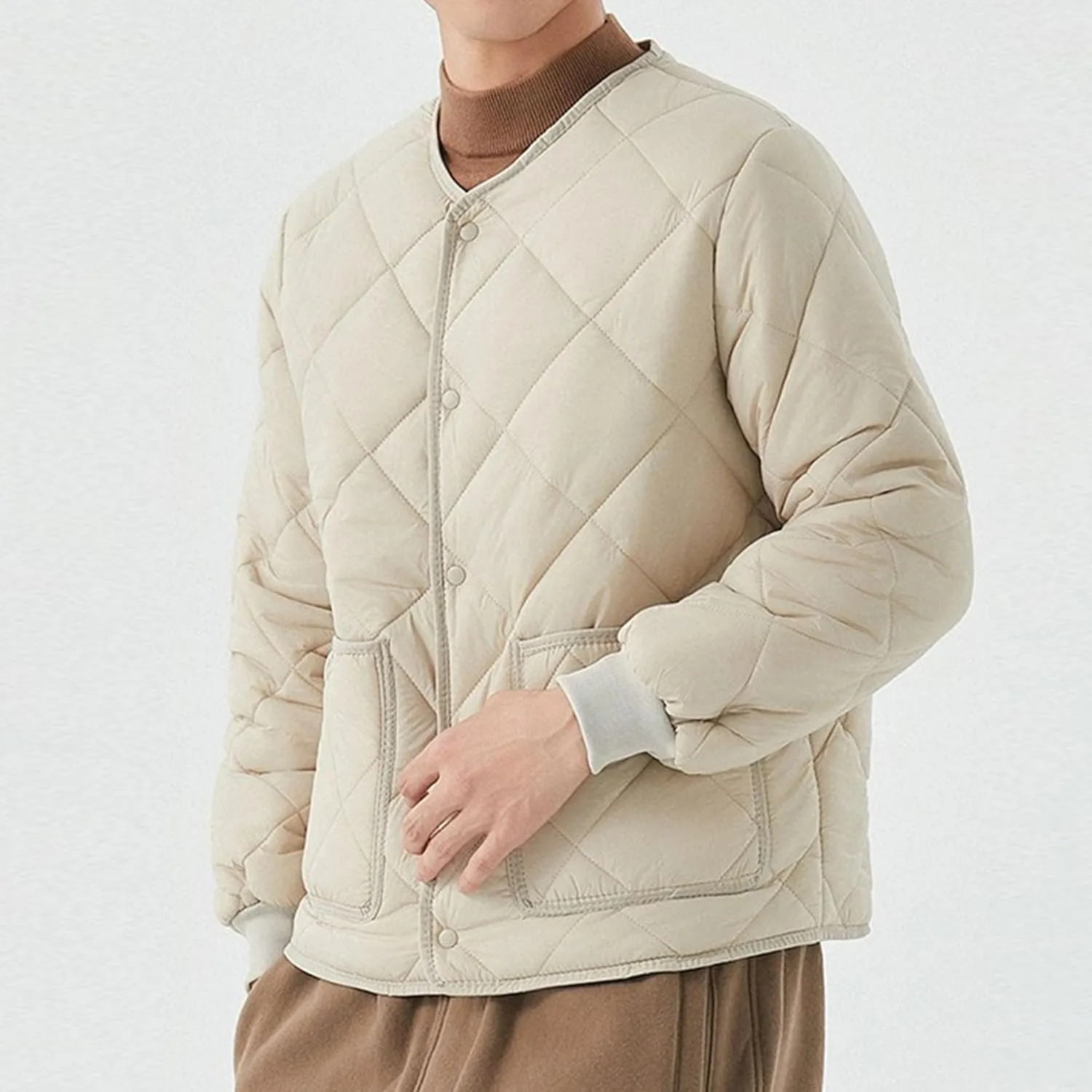 DGHM-JLMY Men Fleece Long-Sleeved Diamond Quilted Jacket Solid V Neck Cotton Coat Winter Warm Padded Coats Outwear