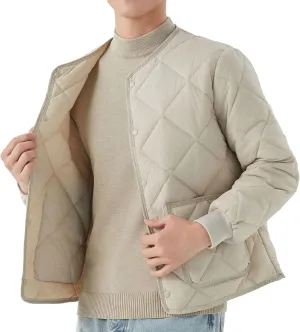 DGHM-JLMY Men Fleece Long-Sleeved Diamond Quilted Jacket Solid V Neck Cotton Coat Winter Warm Padded Coats Outwear