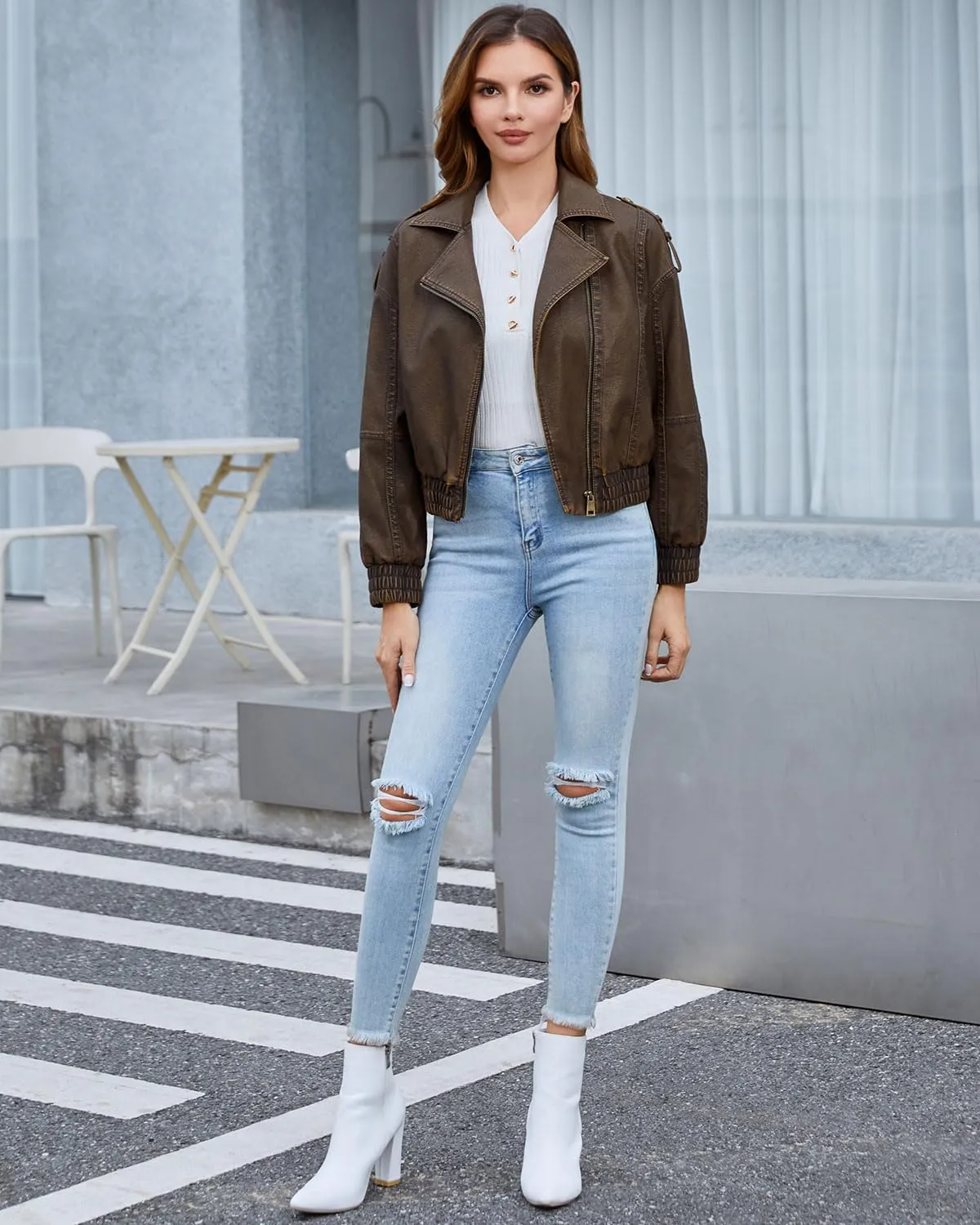 DIASHINY Faux Leather Jacket For Women Moto Biker Zip Up Motorcycle Loose Outwear