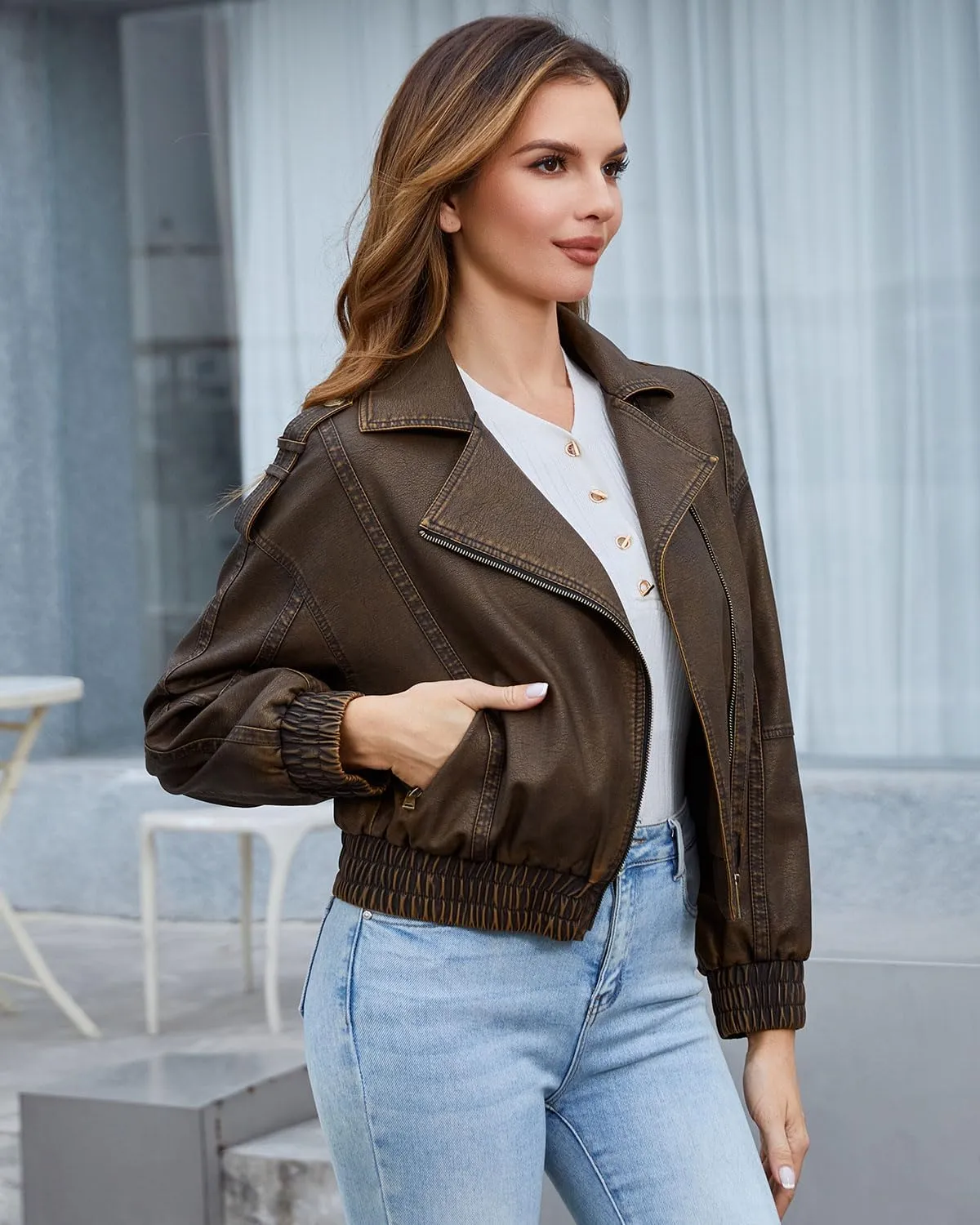 DIASHINY Faux Leather Jacket For Women Moto Biker Zip Up Motorcycle Loose Outwear