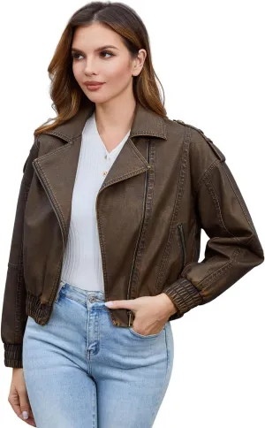 DIASHINY Faux Leather Jacket For Women Moto Biker Zip Up Motorcycle Loose Outwear