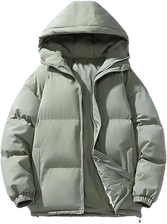 Disimlarl Men Cotton-Padded Coats Outdoor Puffer Jackets Solid Color Hooded Coat Casual Thick Warm Coat