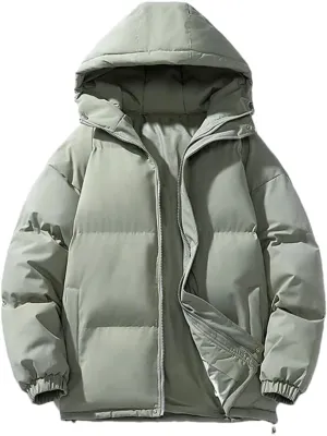 Disimlarl Men Cotton-Padded Coats Outdoor Puffer Jackets Solid Color Hooded Coat Casual Thick Warm Coat