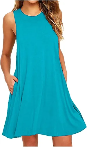 Dresses for Women 2024 Casual Summer Sleeveless Crewneck Ruffle Swing Mini Dress Sexy Flowy Beach Vacation Sundresses