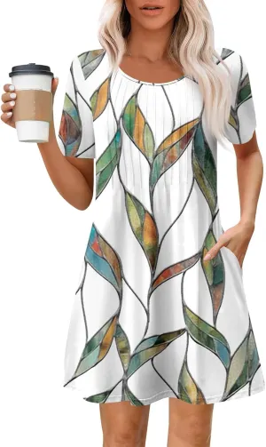 Dresses for Women 2025 Cute Boho Floral Sundress Crew Neck Short Sleeve Beach Dress Swimsuit Coverup with Pockets