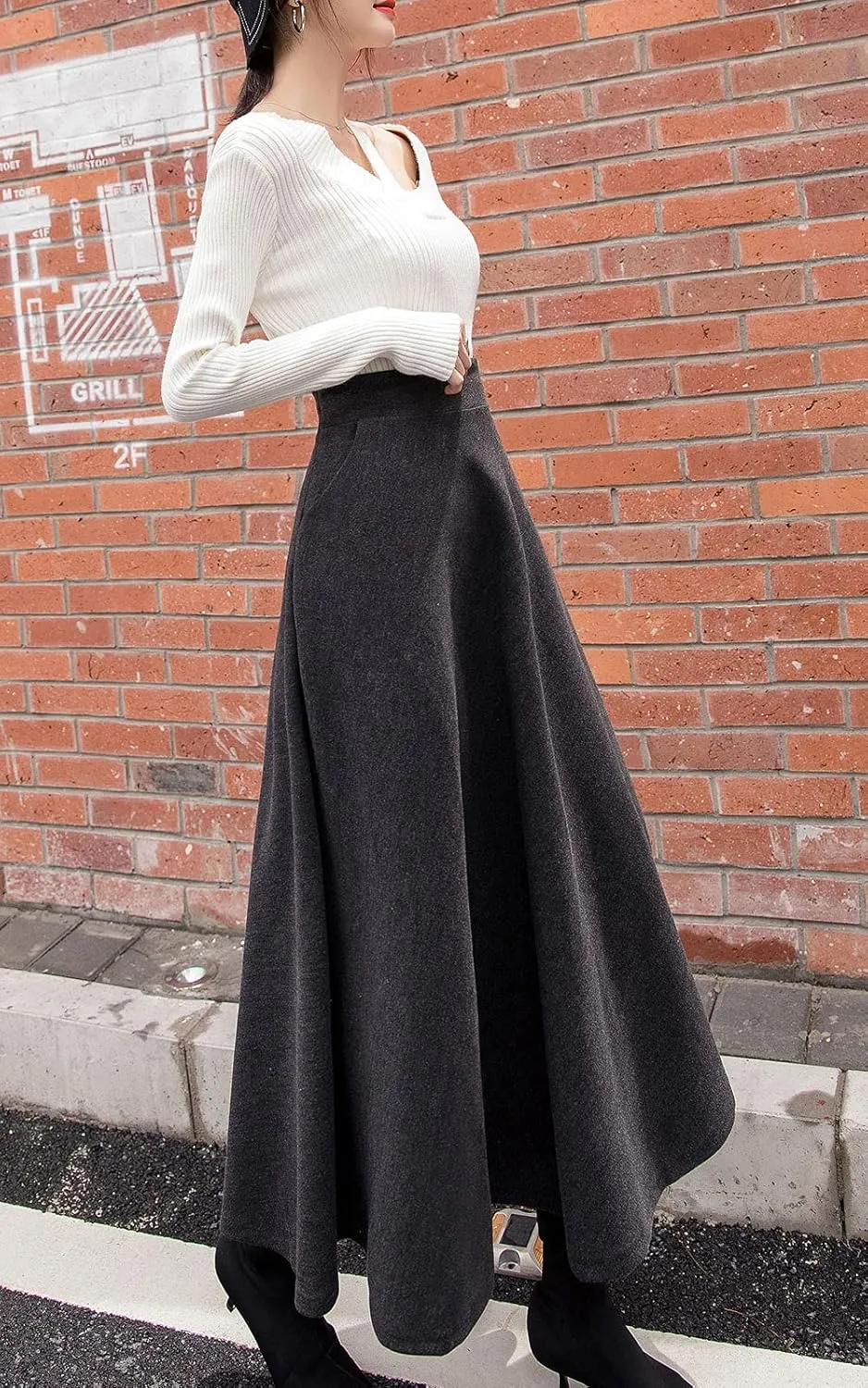 ebossy Women's Elastic High Waist Pleated A-line Flowy Swing Wool Blend Mid Long Skirt with Invisible Zipper