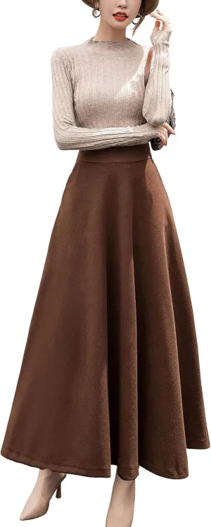ebossy Women's Elastic High Waist Pleated A-line Flowy Swing Wool Blend Mid Long Skirt with Invisible Zipper