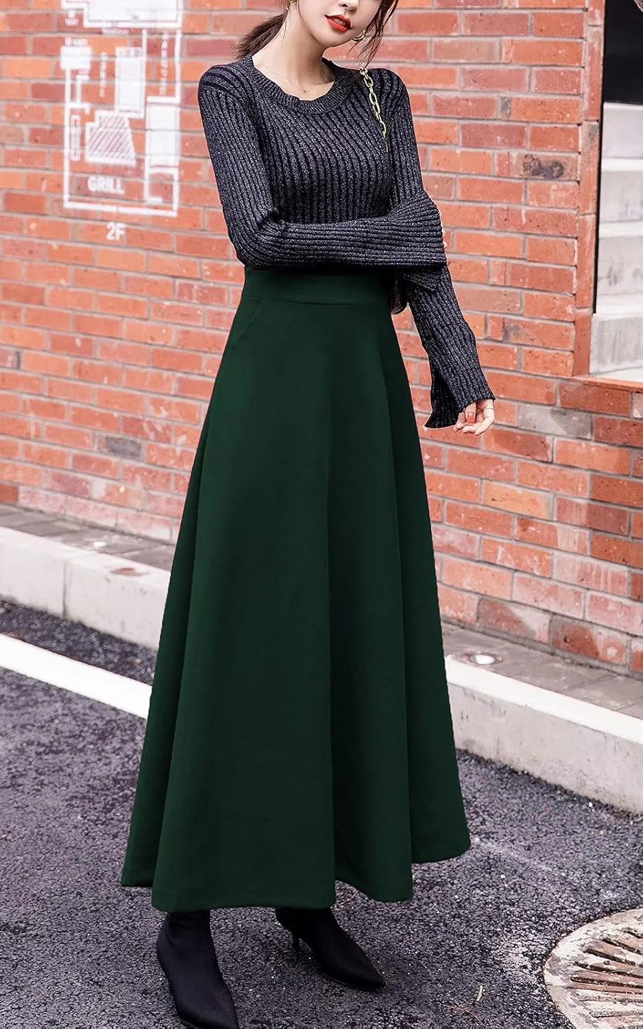 ebossy Women's Elastic High Waist Pleated A-line Flowy Swing Wool Blend Mid Long Skirt with Invisible Zipper