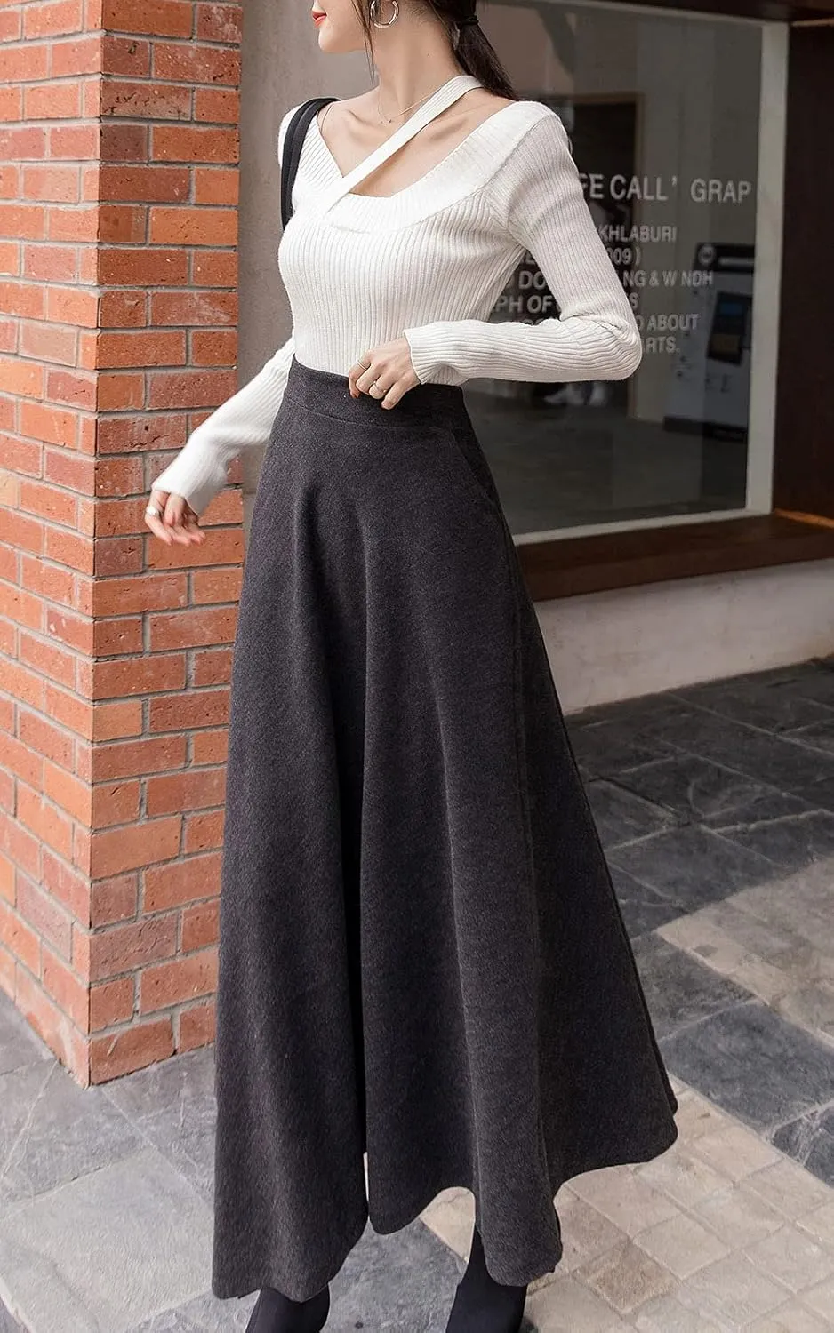 ebossy Women's Elastic High Waist Pleated A-line Flowy Swing Wool Blend Mid Long Skirt with Invisible Zipper