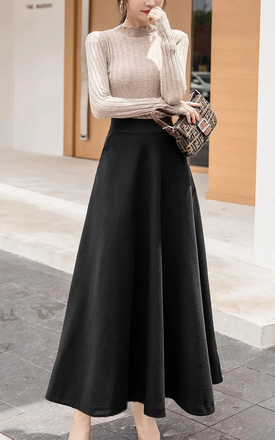 ebossy Women's Elastic High Waist Pleated A-line Flowy Swing Wool Blend Mid Long Skirt with Invisible Zipper