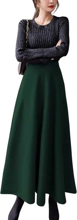 ebossy Women's Elastic High Waist Pleated A-line Flowy Swing Wool Blend Mid Long Skirt with Invisible Zipper