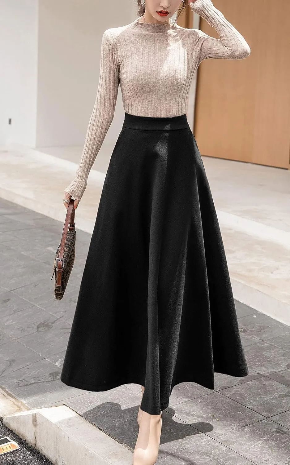 ebossy Women's Elastic High Waist Pleated A-line Flowy Swing Wool Blend Mid Long Skirt with Invisible Zipper