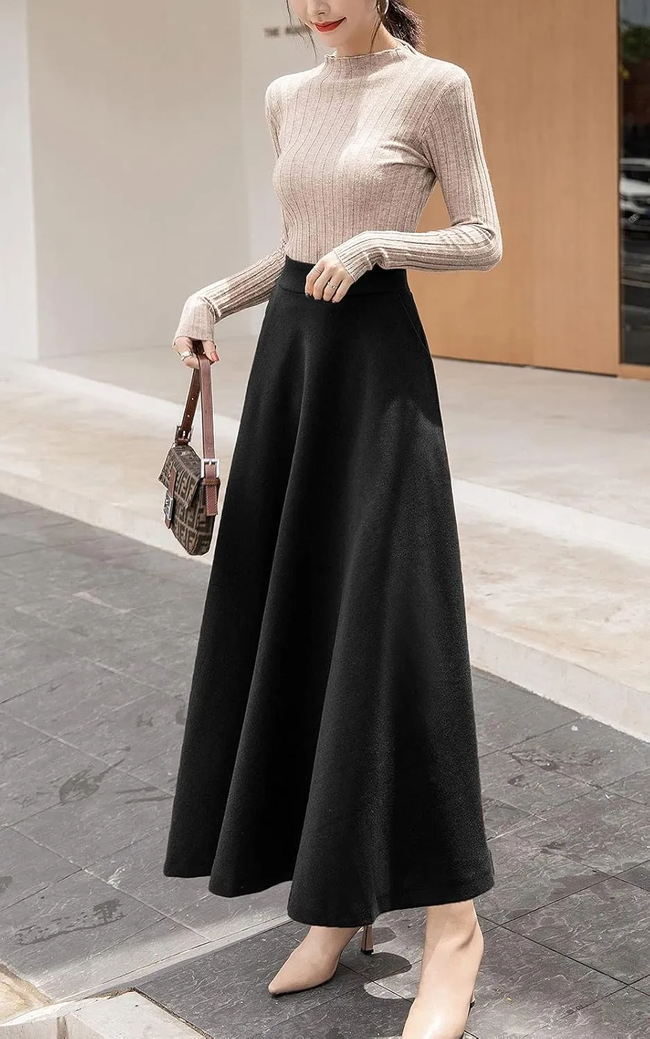 ebossy Women's Elastic High Waist Pleated A-line Flowy Swing Wool Blend Mid Long Skirt with Invisible Zipper