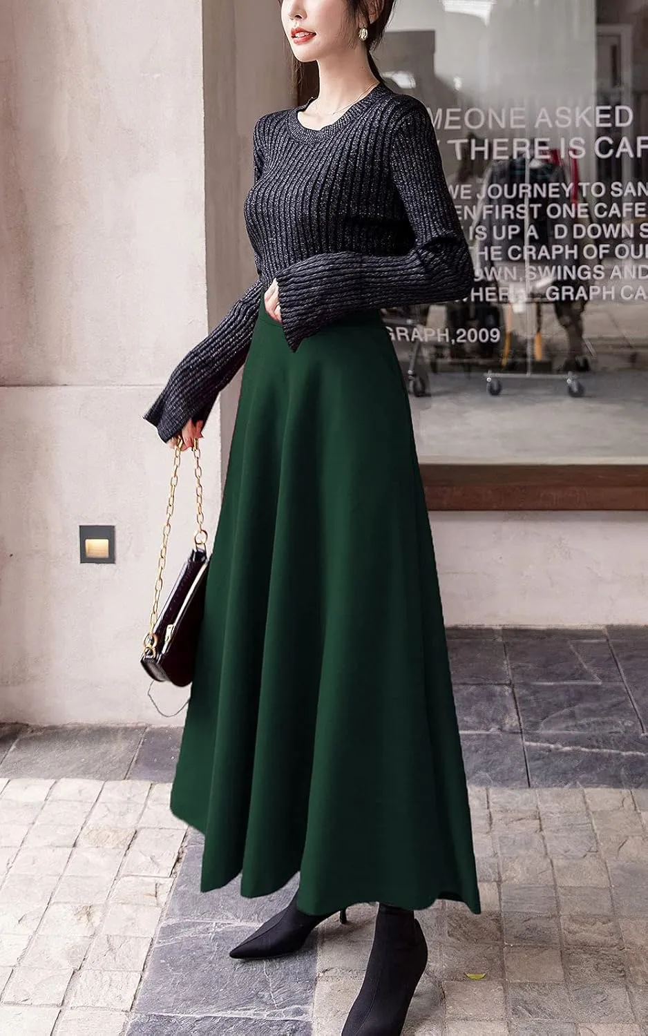 ebossy Women's Elastic High Waist Pleated A-line Flowy Swing Wool Blend Mid Long Skirt with Invisible Zipper