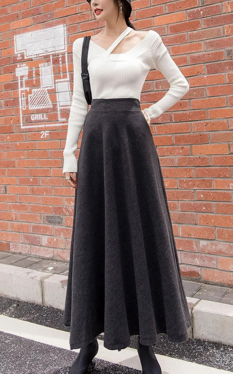 ebossy Women's Elastic High Waist Pleated A-line Flowy Swing Wool Blend Mid Long Skirt with Invisible Zipper