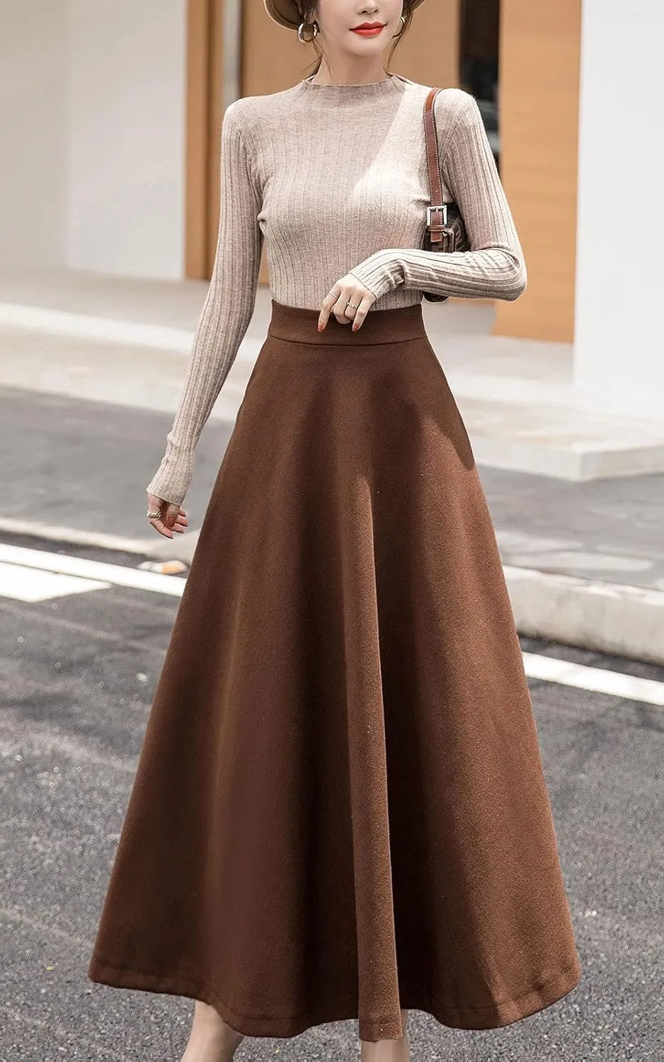 ebossy Women's Elastic High Waist Pleated A-line Flowy Swing Wool Blend Mid Long Skirt with Invisible Zipper
