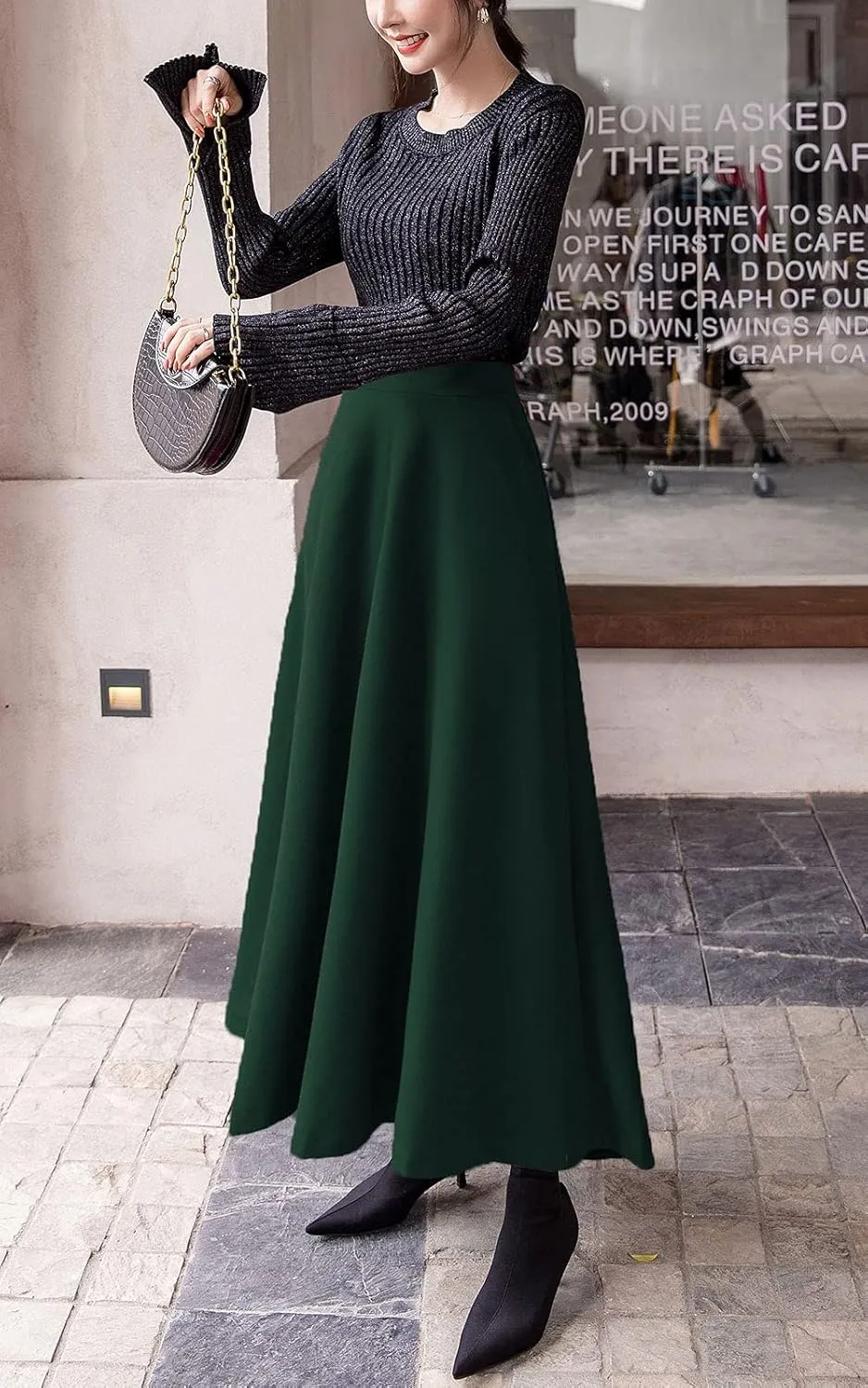 ebossy Women's Elastic High Waist Pleated A-line Flowy Swing Wool Blend Mid Long Skirt with Invisible Zipper