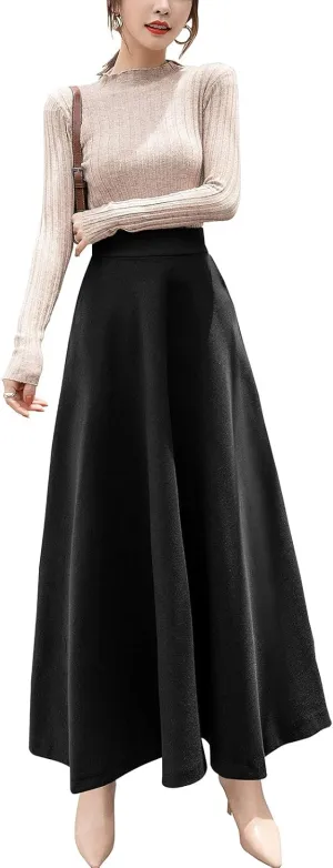 ebossy Women's Elastic High Waist Pleated A-line Flowy Swing Wool Blend Mid Long Skirt with Invisible Zipper