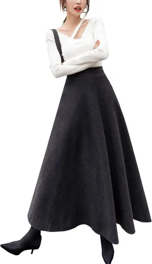 ebossy Women's Elastic High Waist Pleated A-line Flowy Swing Wool Blend Mid Long Skirt with Invisible Zipper