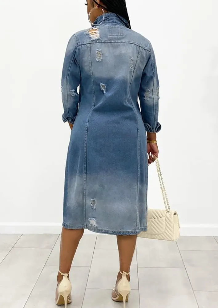 ebossy Women's Ripped Distressed Destroyed Classic Blue Maxi Denim Jacket Long Jean Trench Coat Outwear
