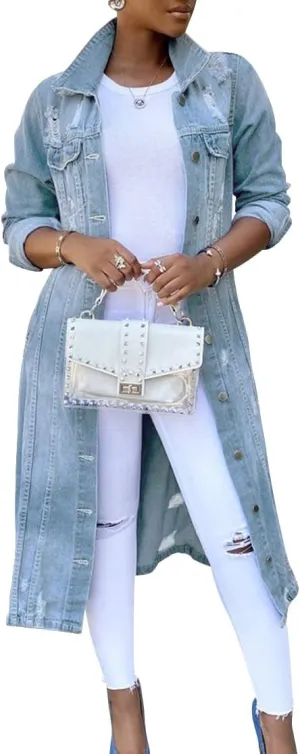 ebossy Women's Ripped Distressed Destroyed Classic Blue Maxi Denim Jacket Long Jean Trench Coat Outwear