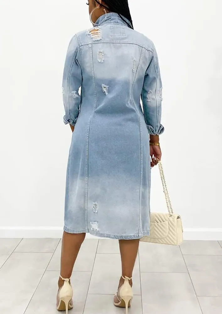 ebossy Women's Ripped Distressed Destroyed Classic Blue Maxi Denim Jacket Long Jean Trench Coat Outwear