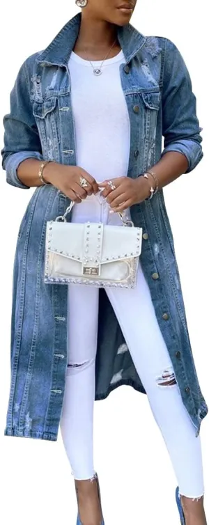 ebossy Women's Ripped Distressed Destroyed Classic Blue Maxi Denim Jacket Long Jean Trench Coat Outwear