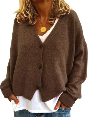ebossy Women's Vintage Preppy Cable Knit Cardigan Sweather Casual Plain Artistic Aesthetic Oversized Crop Jacket Top