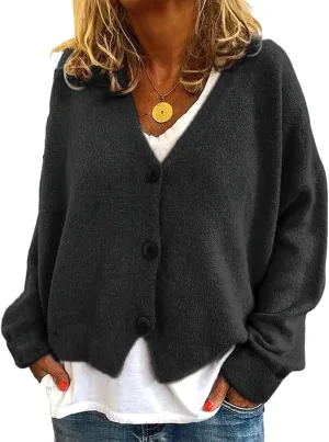 ebossy Women's Vintage Preppy Cable Knit Cardigan Sweather Casual Plain Artistic Aesthetic Oversized Crop Jacket Top