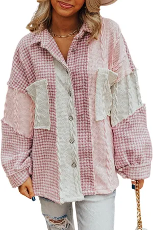 Ecosunny Womens Casual Long Sleeve Button Down Shirt Jacket Houndstooth Patchwork Shacket Lightweight Coat Tops