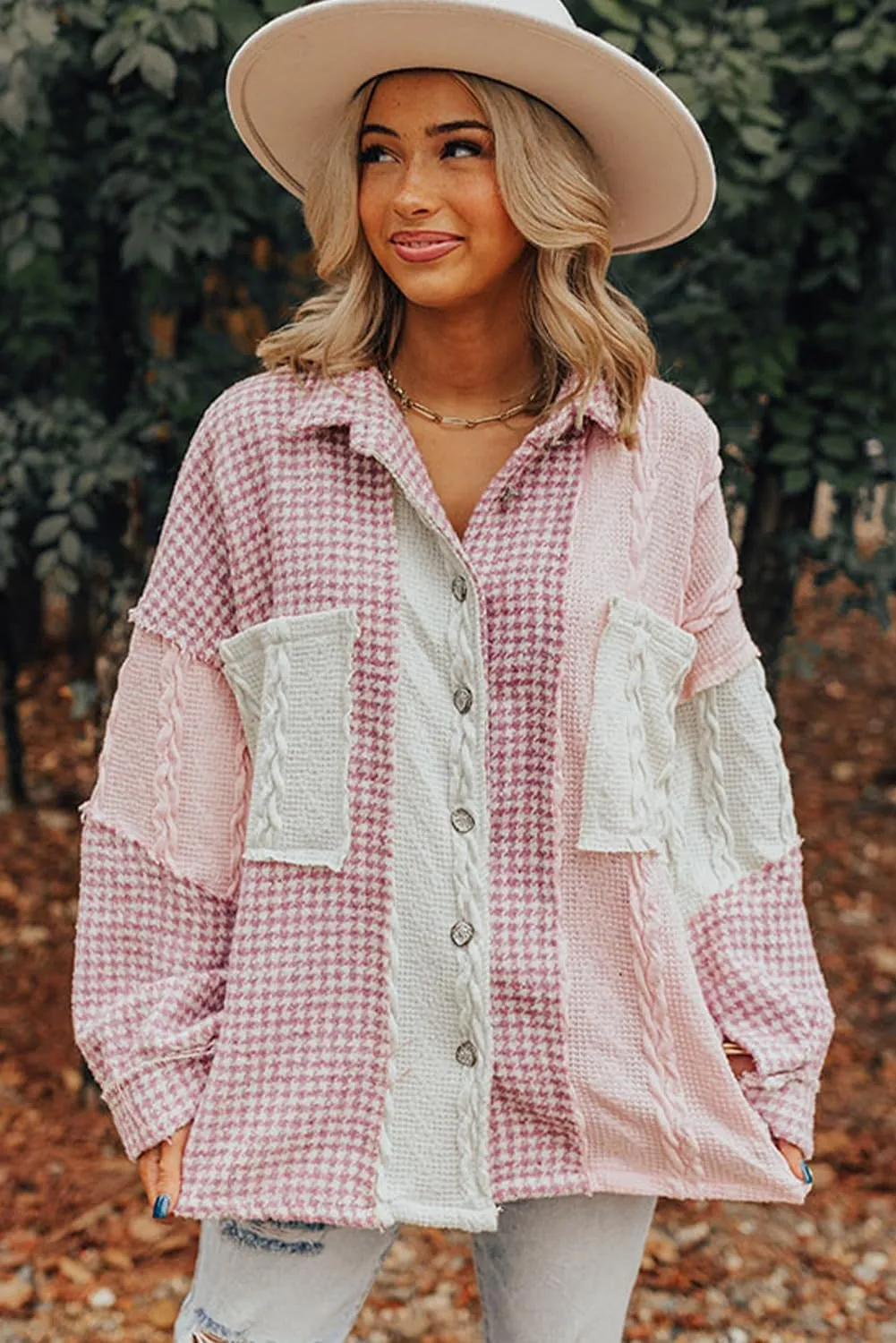 Ecosunny Womens Casual Long Sleeve Button Down Shirt Jacket Houndstooth Patchwork Shacket Lightweight Coat Tops