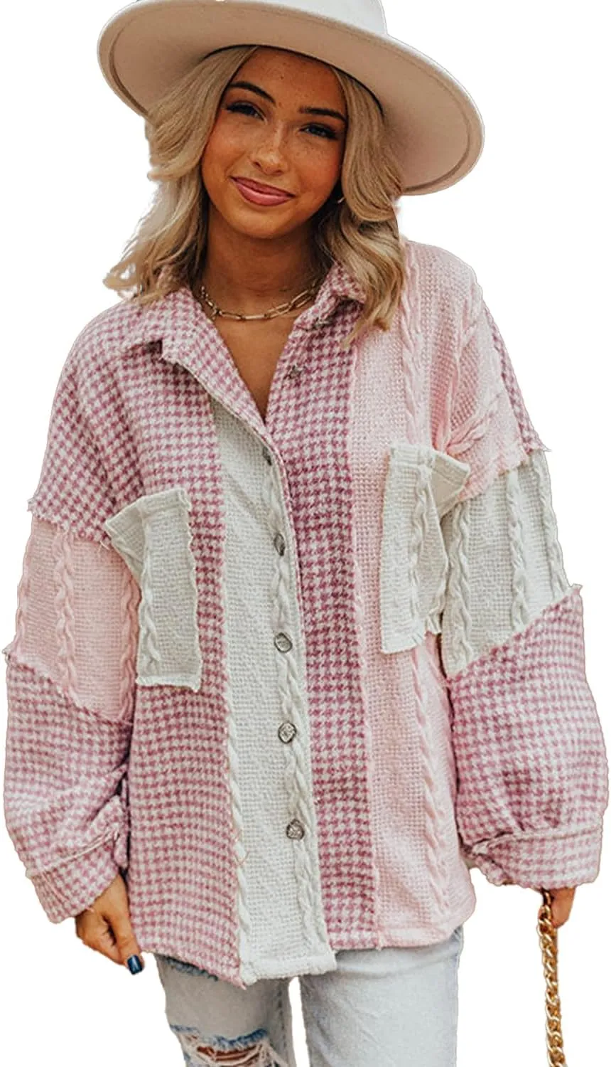 Ecosunny Womens Casual Long Sleeve Button Down Shirt Jacket Houndstooth Patchwork Shacket Lightweight Coat Tops