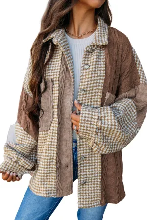 Ecosunny Womens Casual Long Sleeve Button Down Shirt Jacket Houndstooth Patchwork Shacket Lightweight Coat Tops