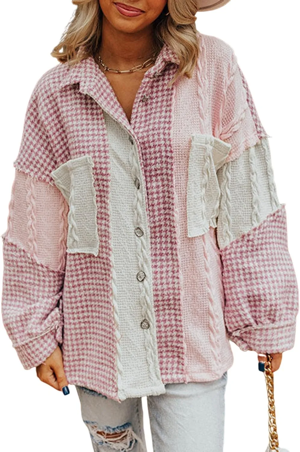 Ecosunny Womens Casual Long Sleeve Button Down Shirt Jacket Houndstooth Patchwork Shacket Lightweight Coat Tops