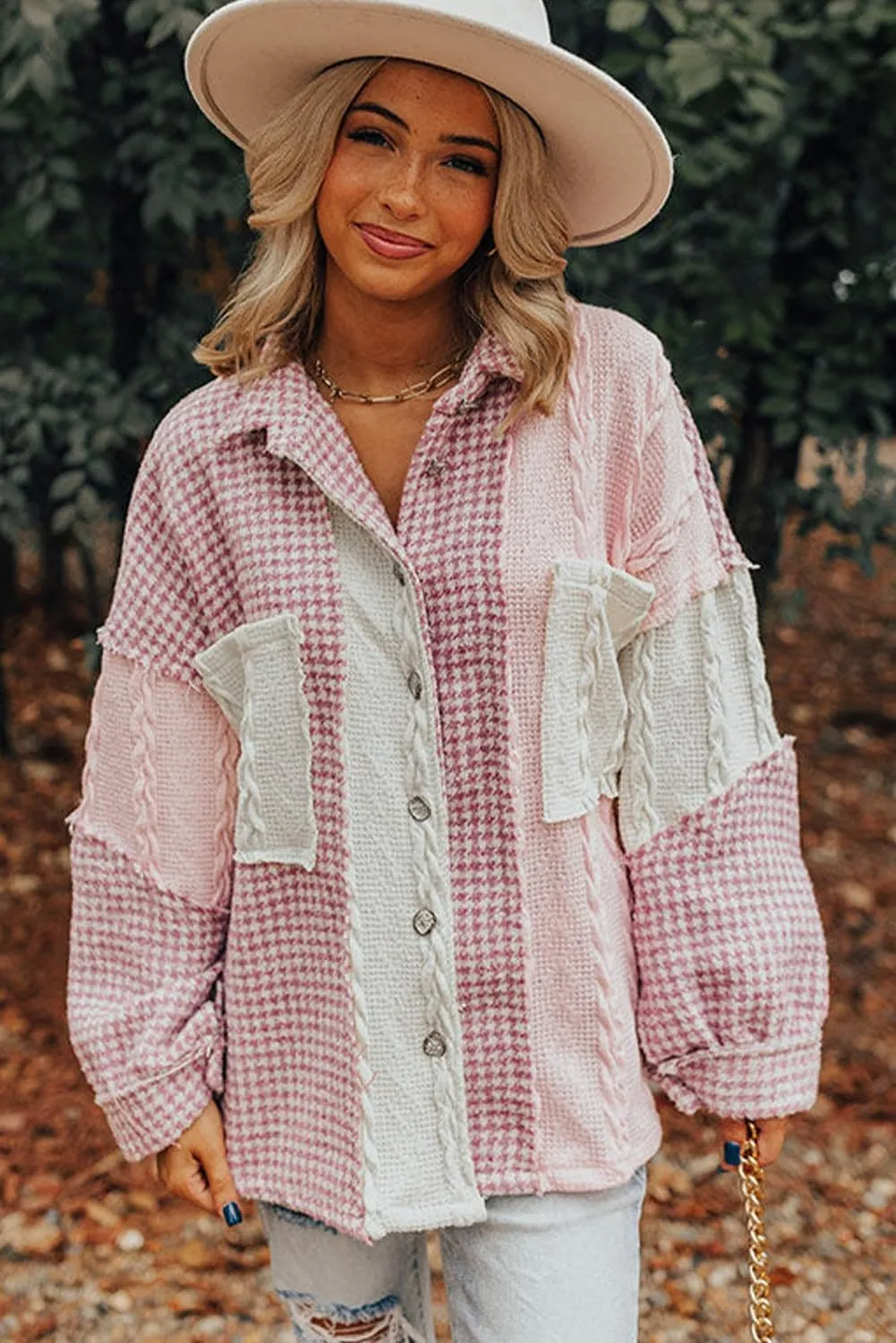 Ecosunny Womens Casual Long Sleeve Button Down Shirt Jacket Houndstooth Patchwork Shacket Lightweight Coat Tops