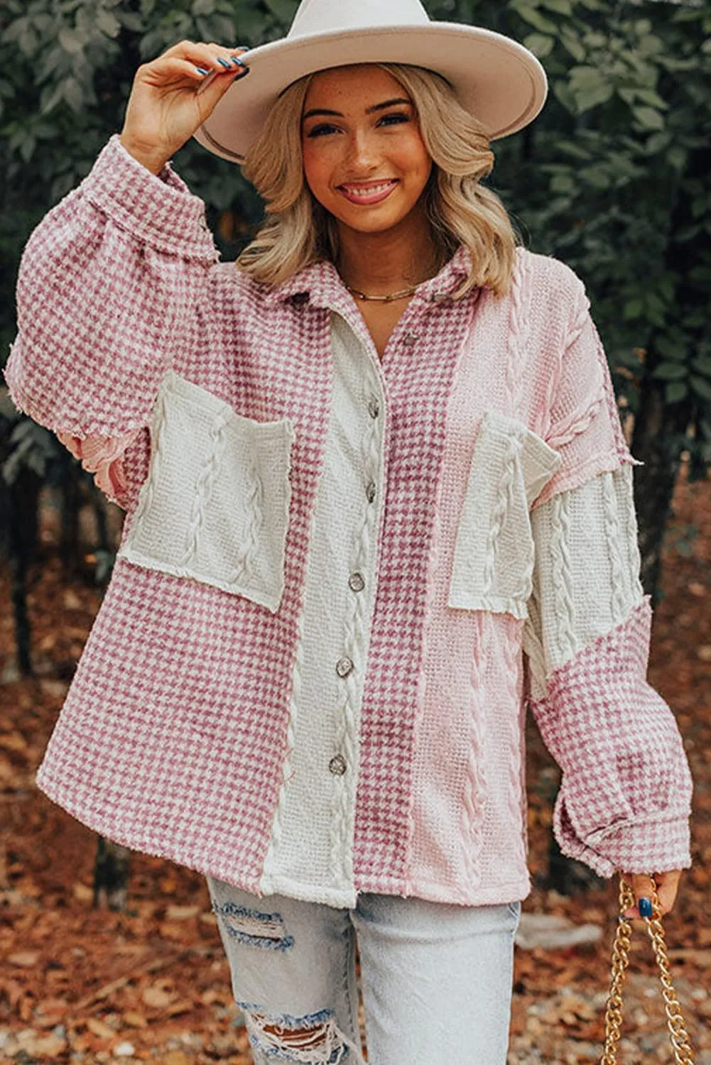 Ecosunny Womens Casual Long Sleeve Button Down Shirt Jacket Houndstooth Patchwork Shacket Lightweight Coat Tops