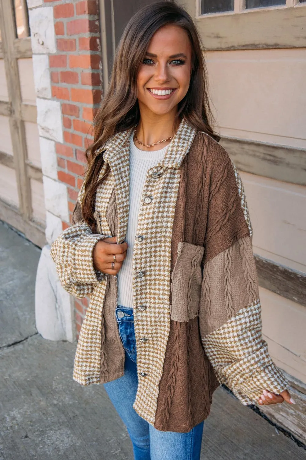 Ecosunny Womens Casual Long Sleeve Button Down Shirt Jacket Houndstooth Patchwork Shacket Lightweight Coat Tops