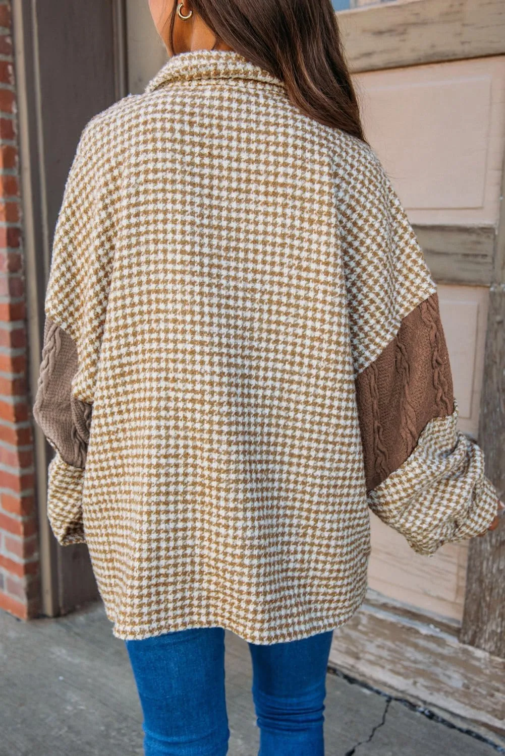Ecosunny Womens Casual Long Sleeve Button Down Shirt Jacket Houndstooth Patchwork Shacket Lightweight Coat Tops
