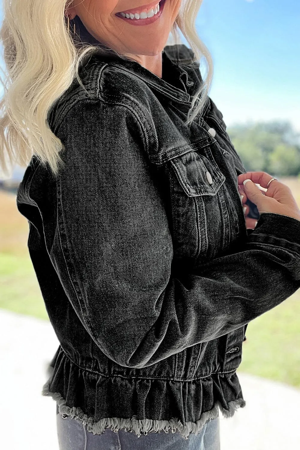 Ecosunny Womens Casual Long Sleeve Button Down Shirt Jacket Ruffle Hem Flap Pockets Denim Shacket Lightweight Coat Tops
