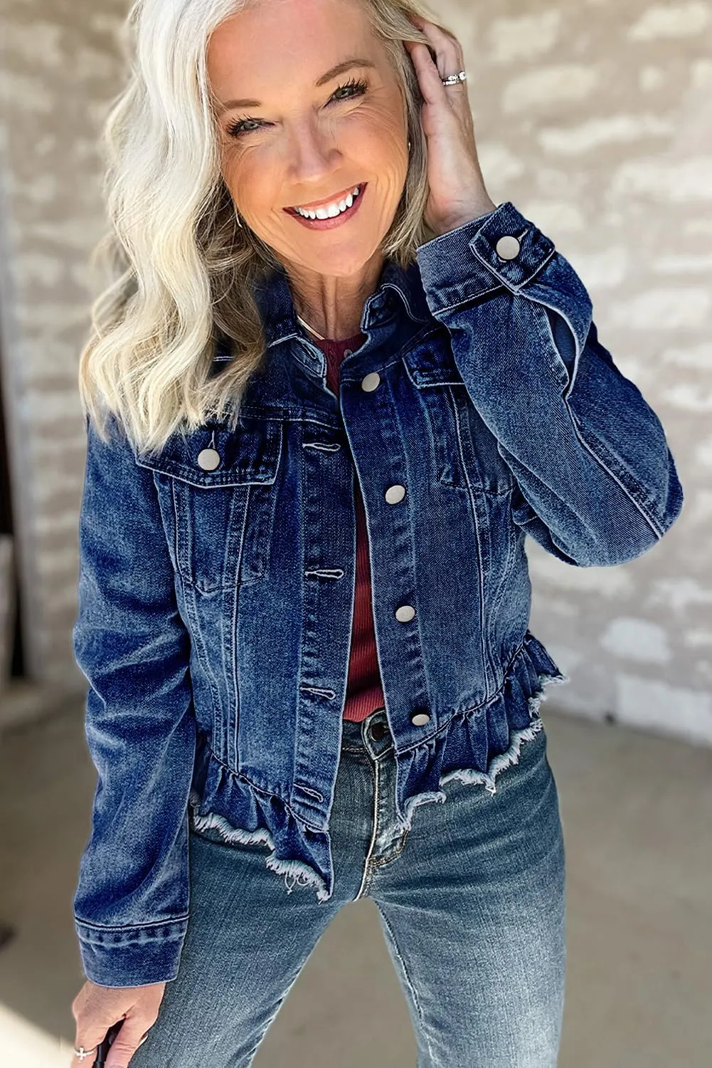 Ecosunny Womens Casual Long Sleeve Button Down Shirt Jacket Ruffle Hem Flap Pockets Denim Shacket Lightweight Coat Tops