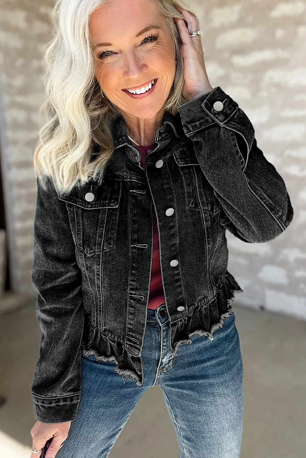 Ecosunny Womens Casual Long Sleeve Button Down Shirt Jacket Ruffle Hem Flap Pockets Denim Shacket Lightweight Coat Tops