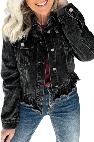 Ecosunny Womens Casual Long Sleeve Button Down Shirt Jacket Ruffle Hem Flap Pockets Denim Shacket Lightweight Coat Tops