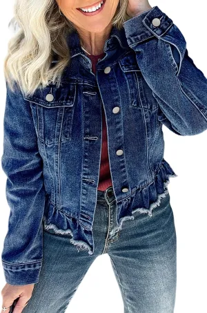 Ecosunny Womens Casual Long Sleeve Button Down Shirt Jacket Ruffle Hem Flap Pockets Denim Shacket Lightweight Coat Tops