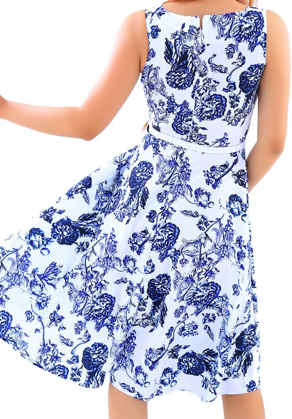 EFOFEI Womens Floral Printed Sleeveless Vintage Swing Summer Midi Party Retro Dress