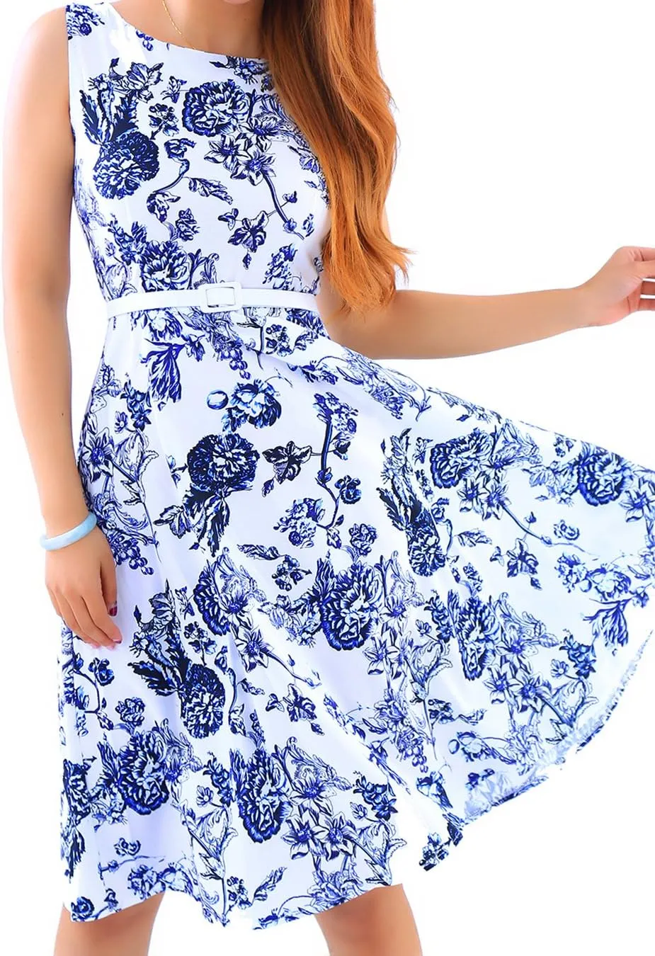 EFOFEI Womens Floral Printed Sleeveless Vintage Swing Summer Midi Party Retro Dress