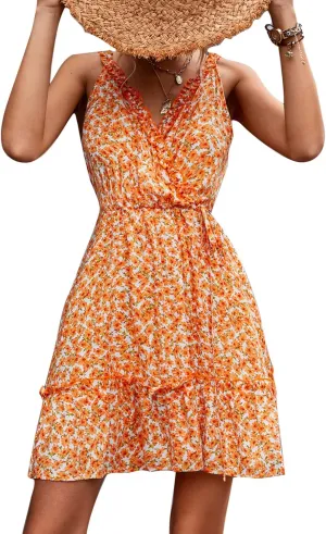 Ejoyous Women Floral Print Dress Sleeveless V Neck Short Dress Waist Belted Loose Ruffles Hem Knee Length Mini Dress(XL-White-Orange)
