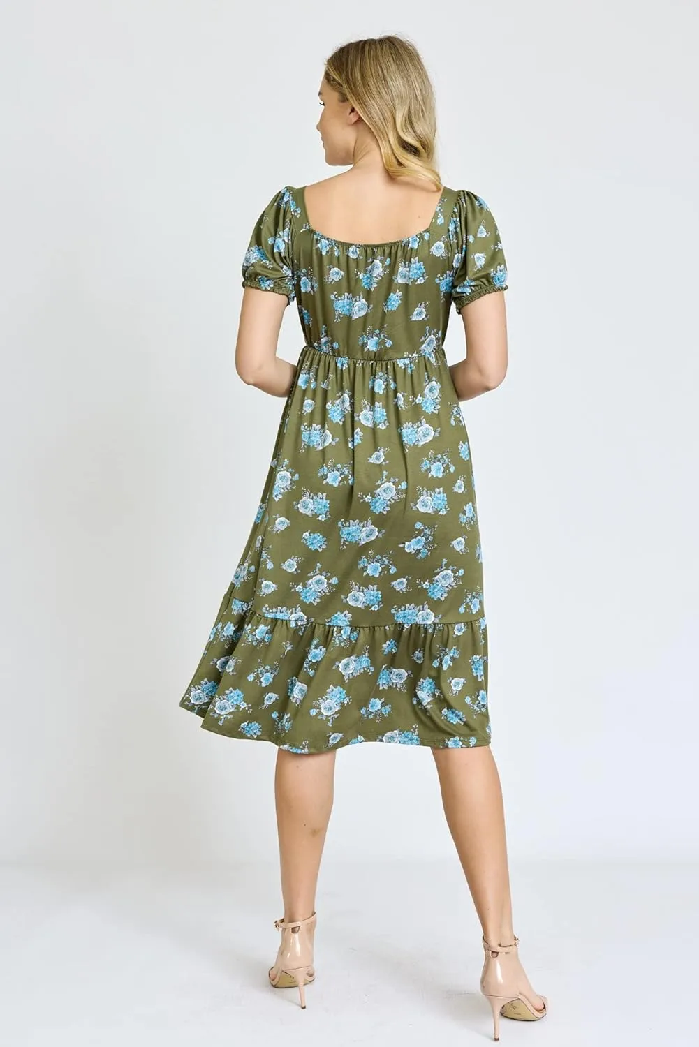 Eloges Women's Square Neck Puff Sleeve Floral Midi Dress