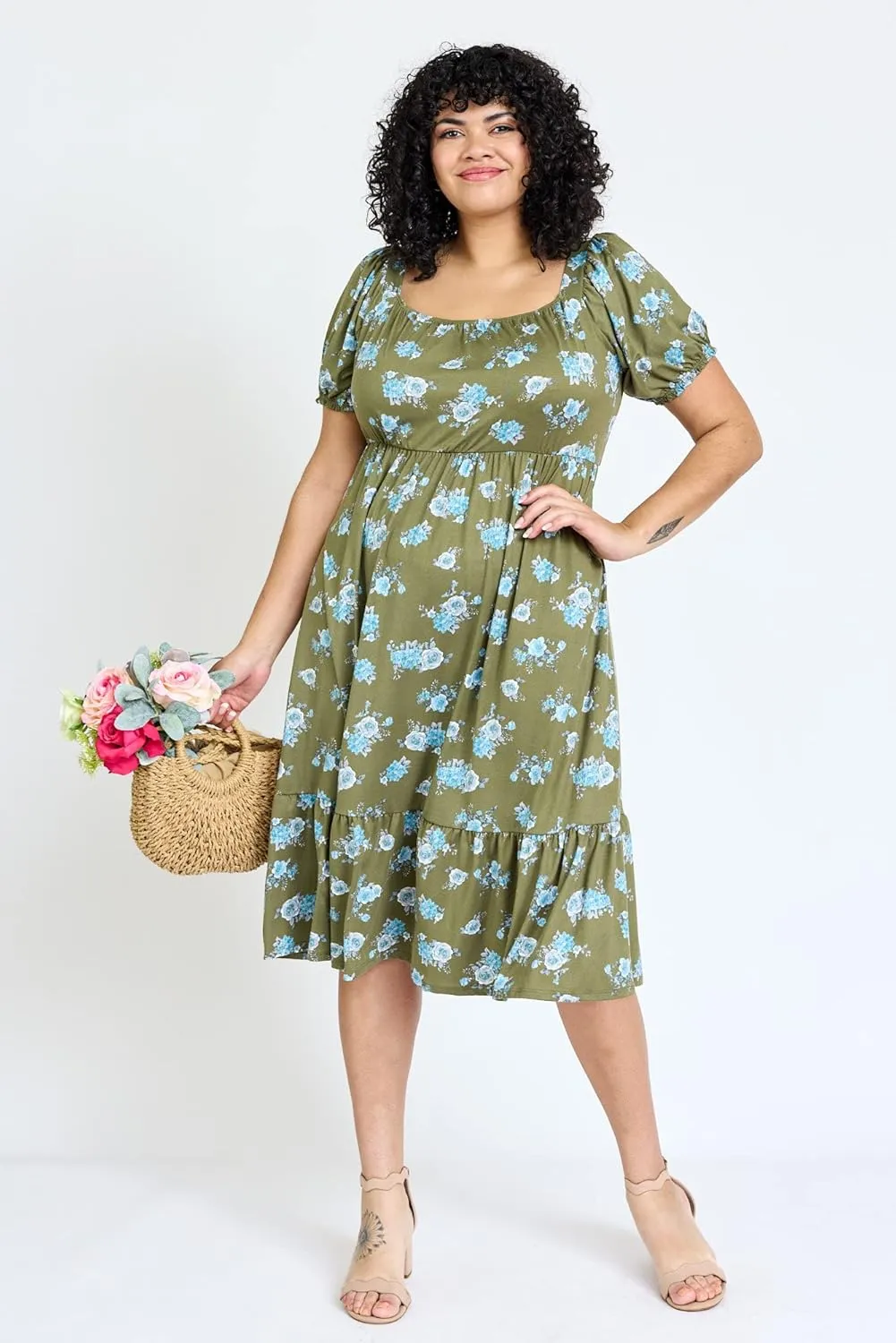 Eloges Women's Square Neck Puff Sleeve Floral Midi Dress