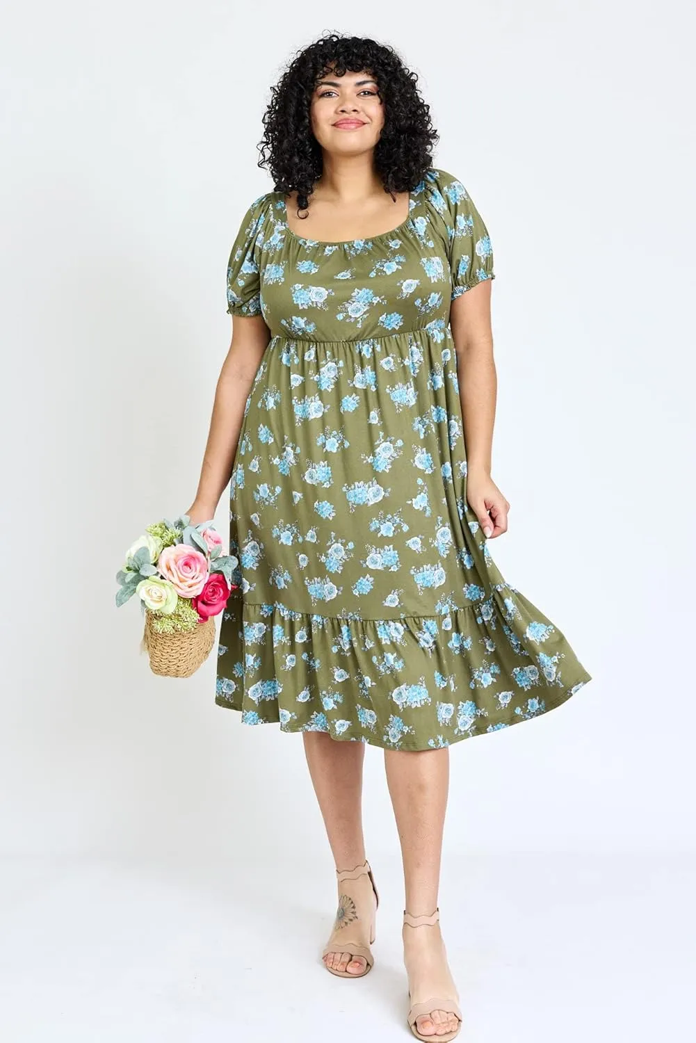 Eloges Women's Square Neck Puff Sleeve Floral Midi Dress
