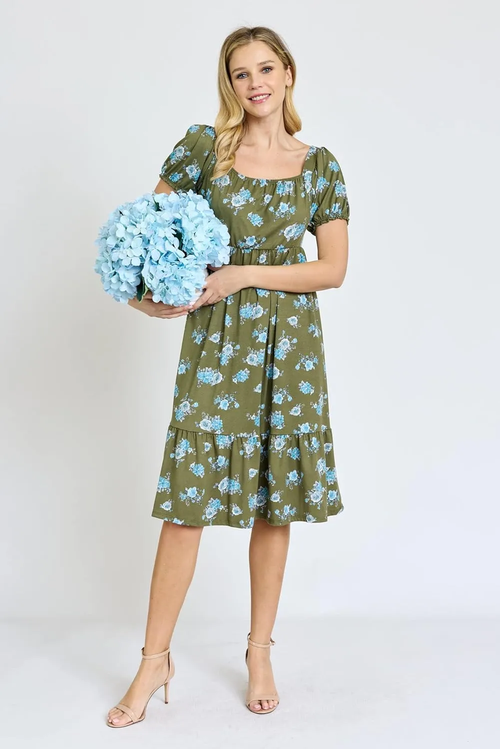 Eloges Women's Square Neck Puff Sleeve Floral Midi Dress